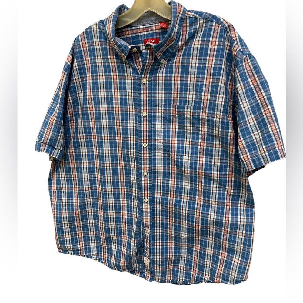 IZOD XXL Blue Plaid Short Sleeve Button Down Shirt - Picture 2 of 7